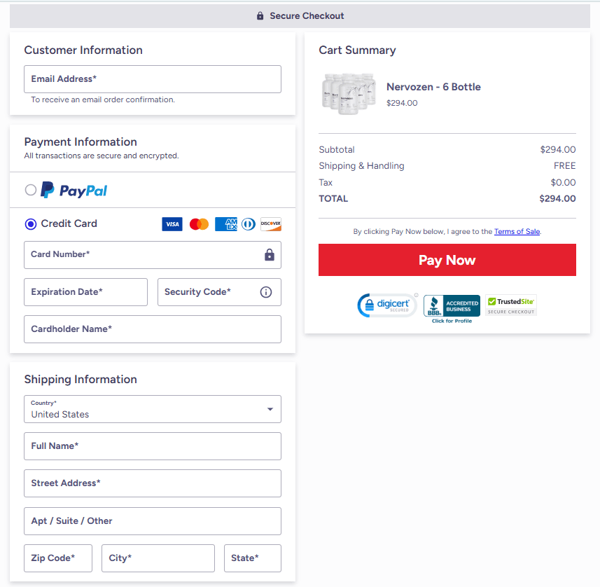 Nervozen Secured Order Page